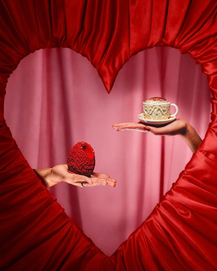 Marco en forma de corazón de satín rojo; dos manos ofrecen un pastel y una taza de café