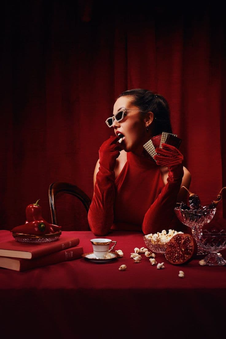 Mujer con guantes rojos y gafas oscuras en una mesa vestida de rojo